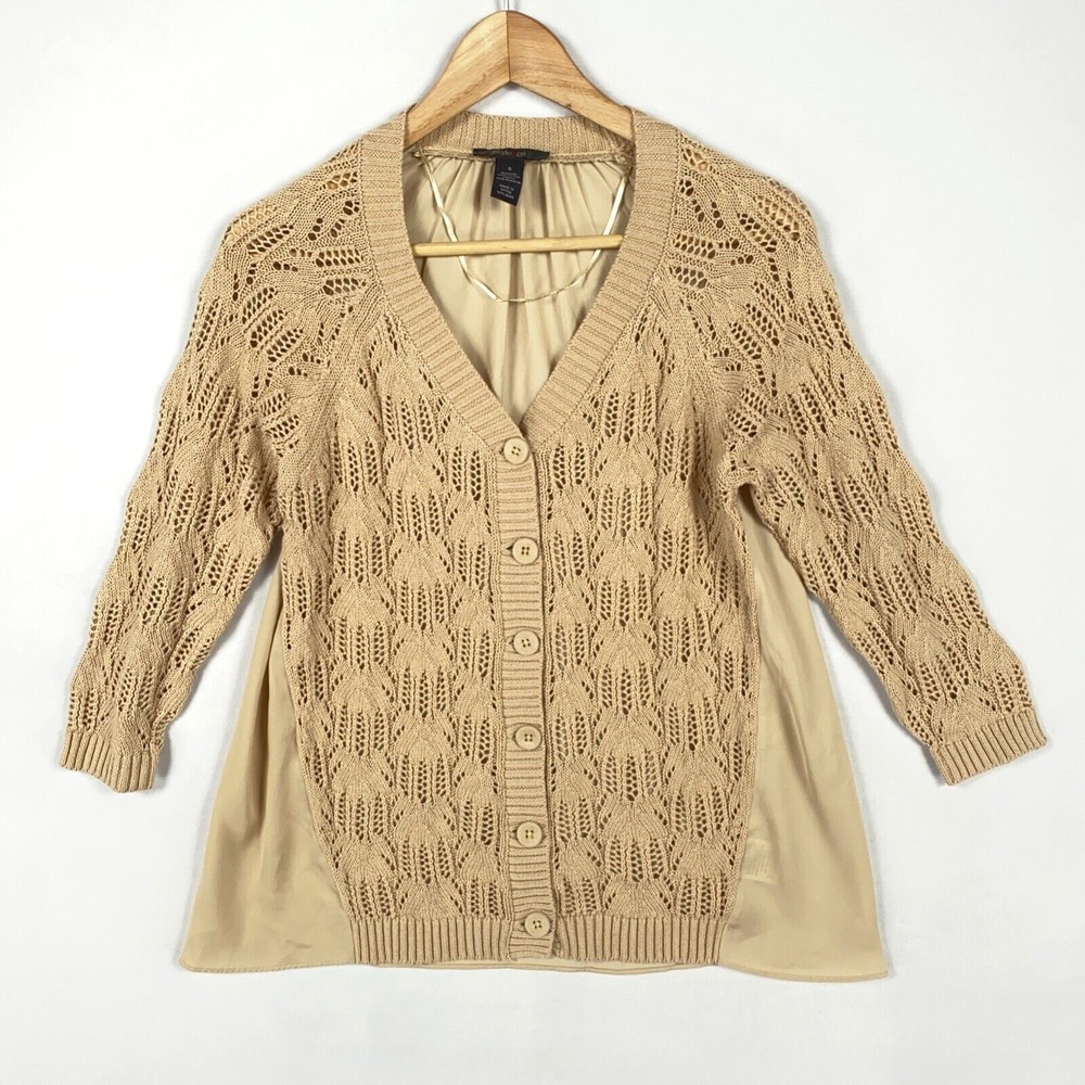 Style&co Sweater Womens Small Tan Cardigan Lace Knit Silky Woven Back 3/4 Sleeve